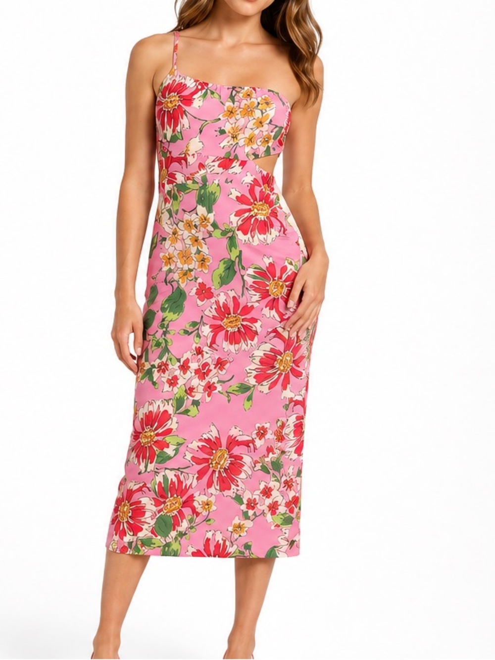 19 Cooper One Shoulder Pink Floral Cutout Bodycon Midi Dress Size Large